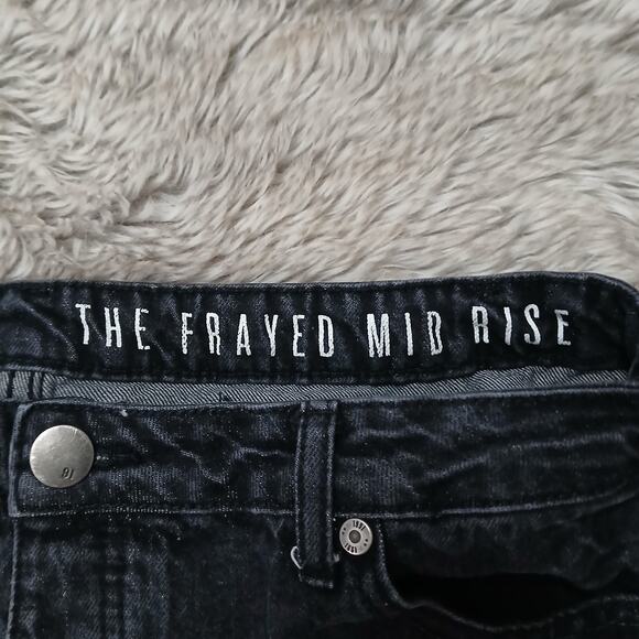 The Frayed Mid Rise Black Distressed Denim Shorts Women’s Size 10 Raw Hem Button - Picture 2 of 8